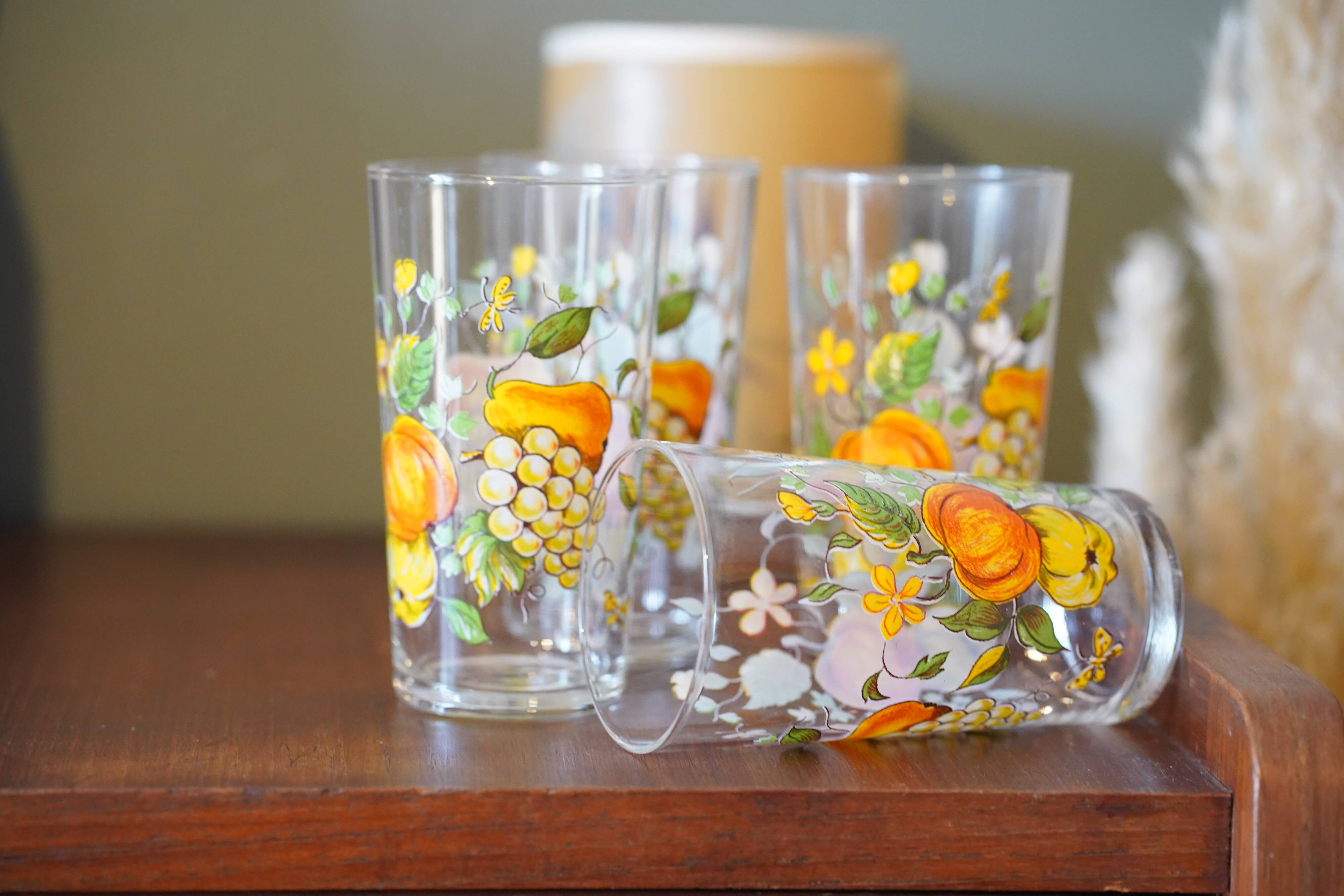 4 glasses, vintage syrup