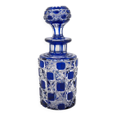 Baccarat, cut crystal bottle, blue lined, diamond gemstones, 14.8 cm.