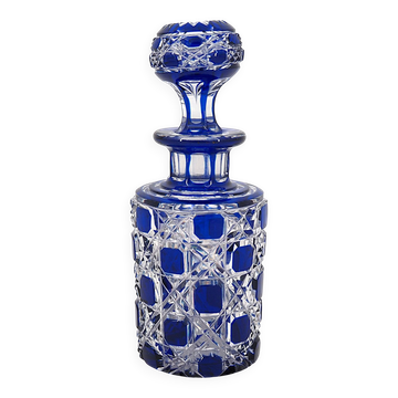 Baccarat, cut crystal bottle, blue lined, diamond gemstones, 14.8 cm.