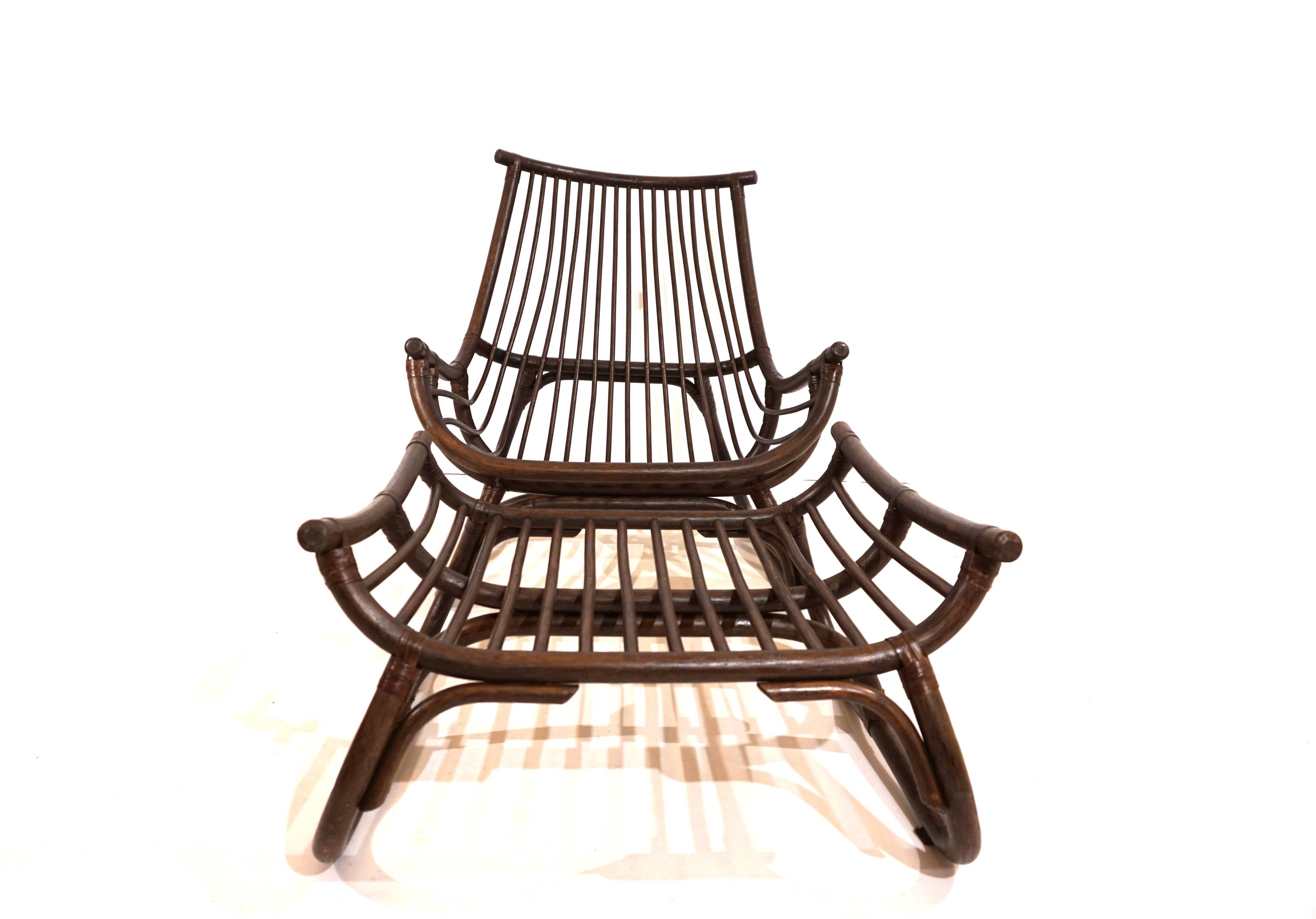 Manou rattan lounge chair in pagoda style with ottoman