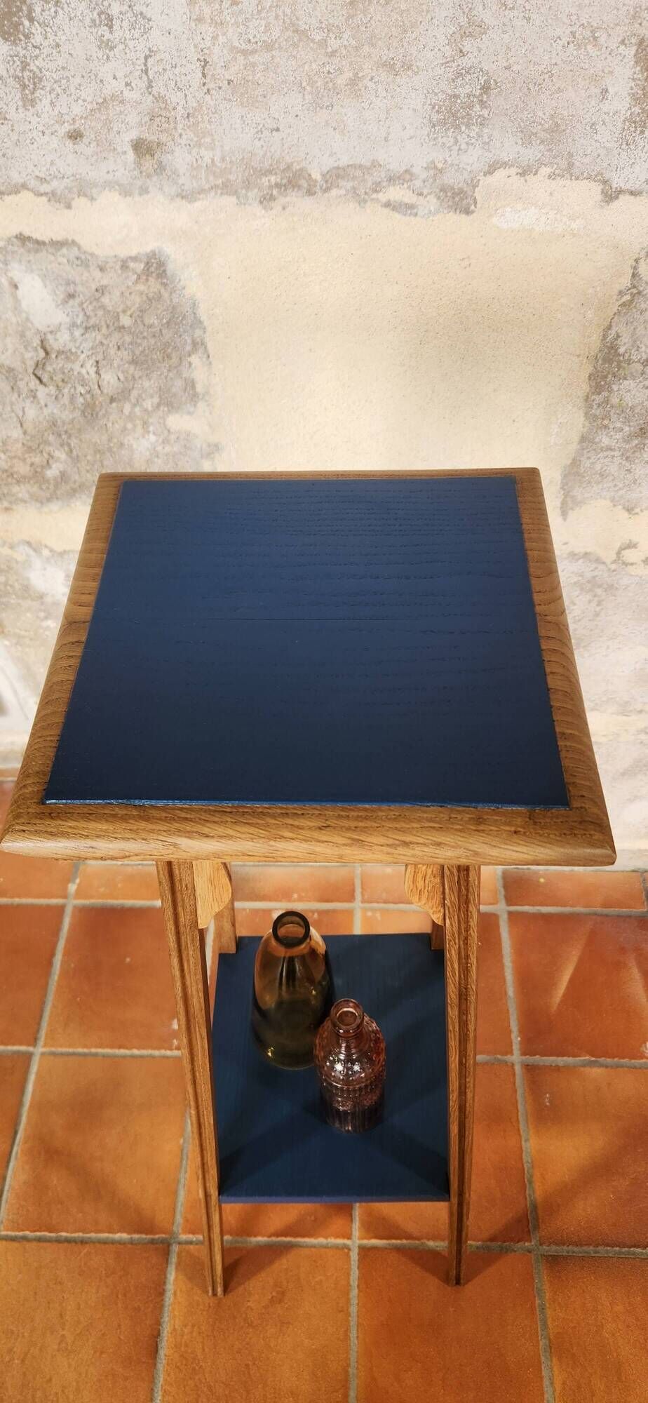 Deep Blue Wood Side Table with 2 Shelves Renovated