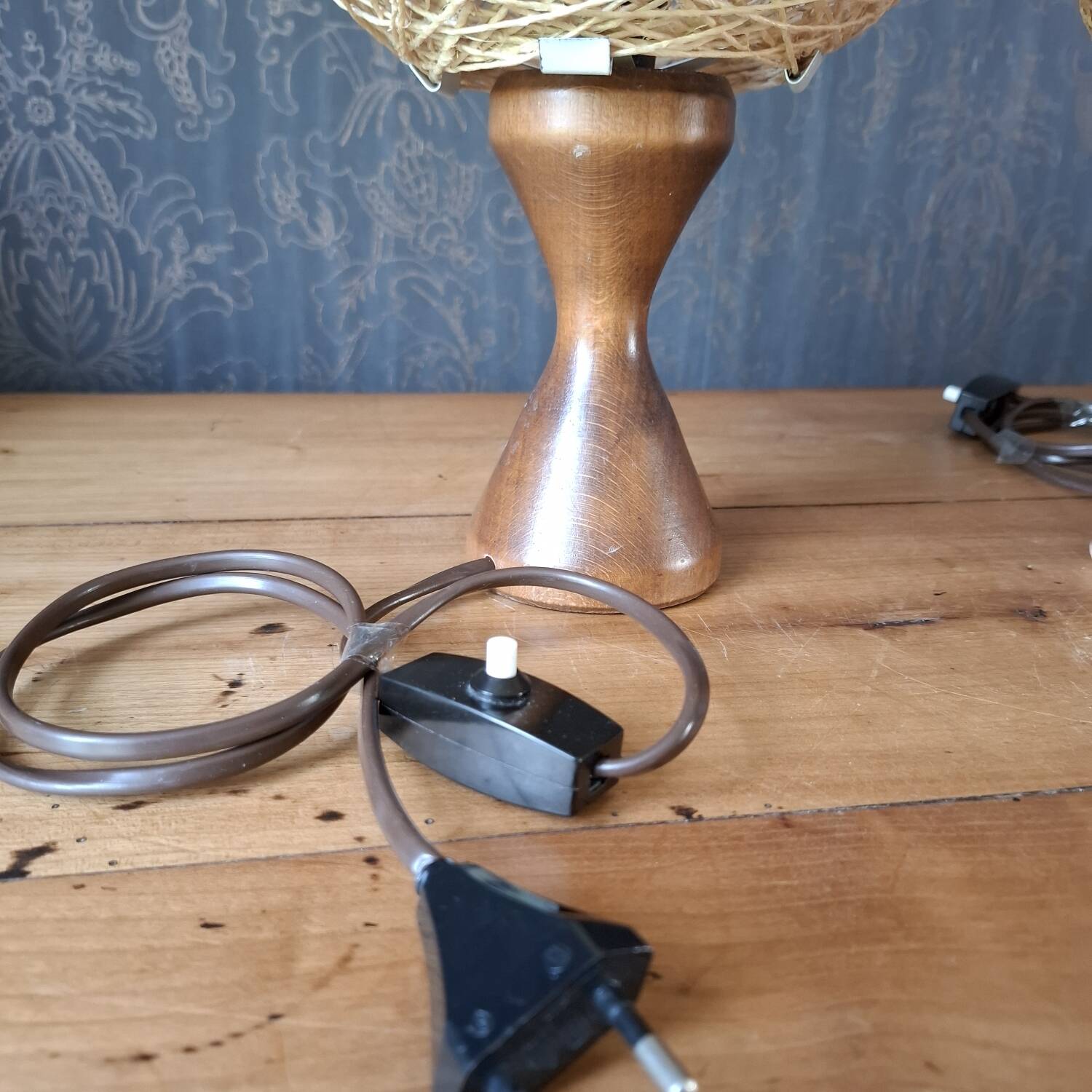 Pair of 70s/80s wood and wicker lamps