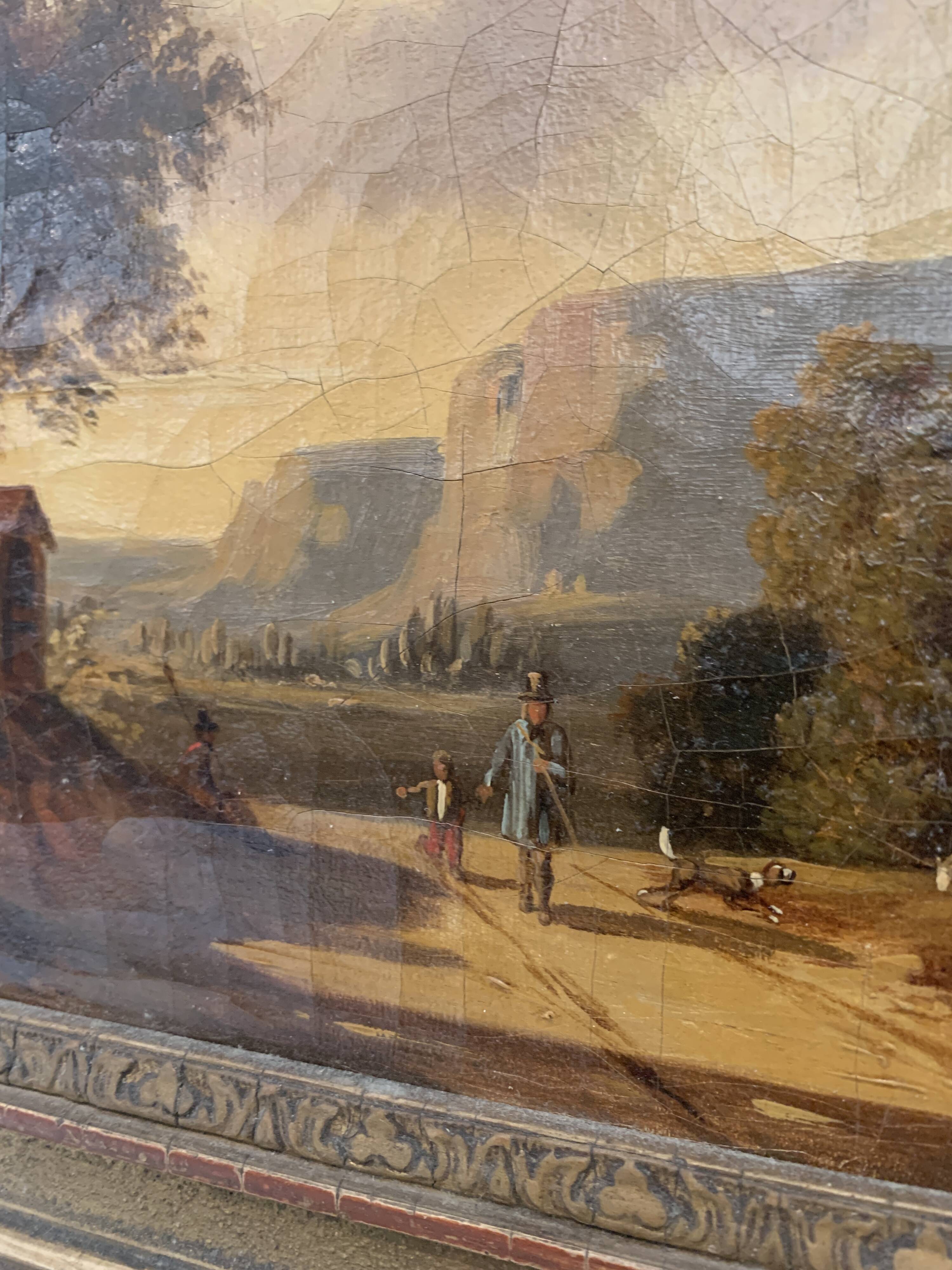 Oil on canvas "Animated landscape" wooden frame and gilded stucco 19th century