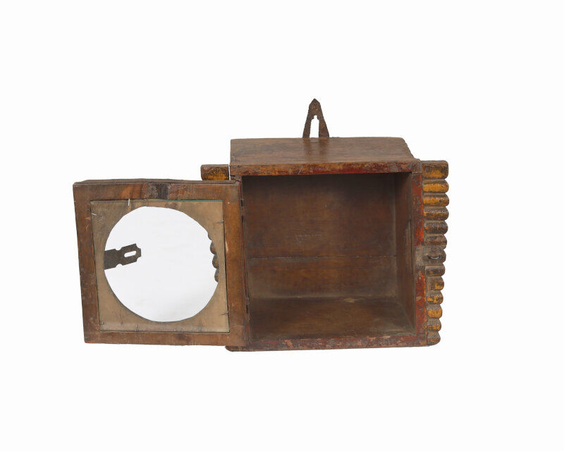 Little old wall showcase box has clock patina of origin india