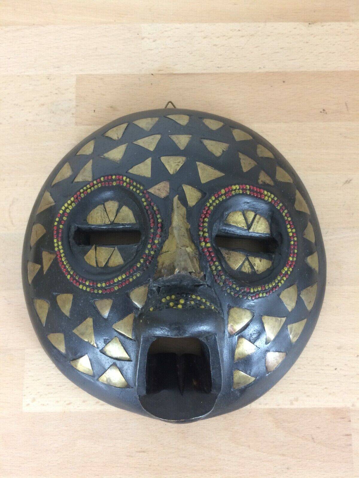 African mask Ghana wood and brass inlay and beads