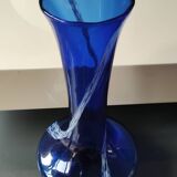 Long flared neck ball vase. Smoked scrolls in cobalt blue art glass, 30cm