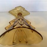 Old yellow glass vase triangular handles diamond base