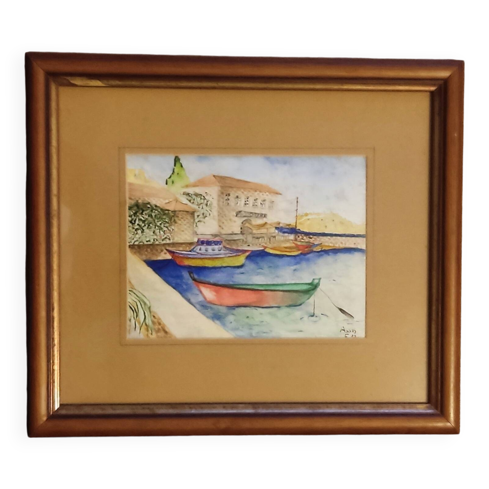 Marine painting on canvas fishing boats at the port