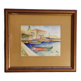 Marine painting on canvas fishing boats at the port