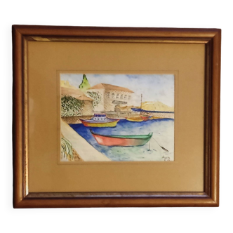 Marine painting on canvas fishing boats at the port