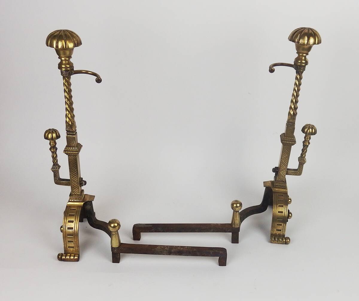 Pair of neo-gothic style bronze andirons