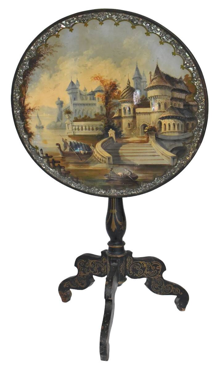 Napoleon III period gueridon in blackened wood with burgauté decoration and painting.