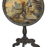 Napoleon III period gueridon in blackened wood with burgauté decoration and painting.