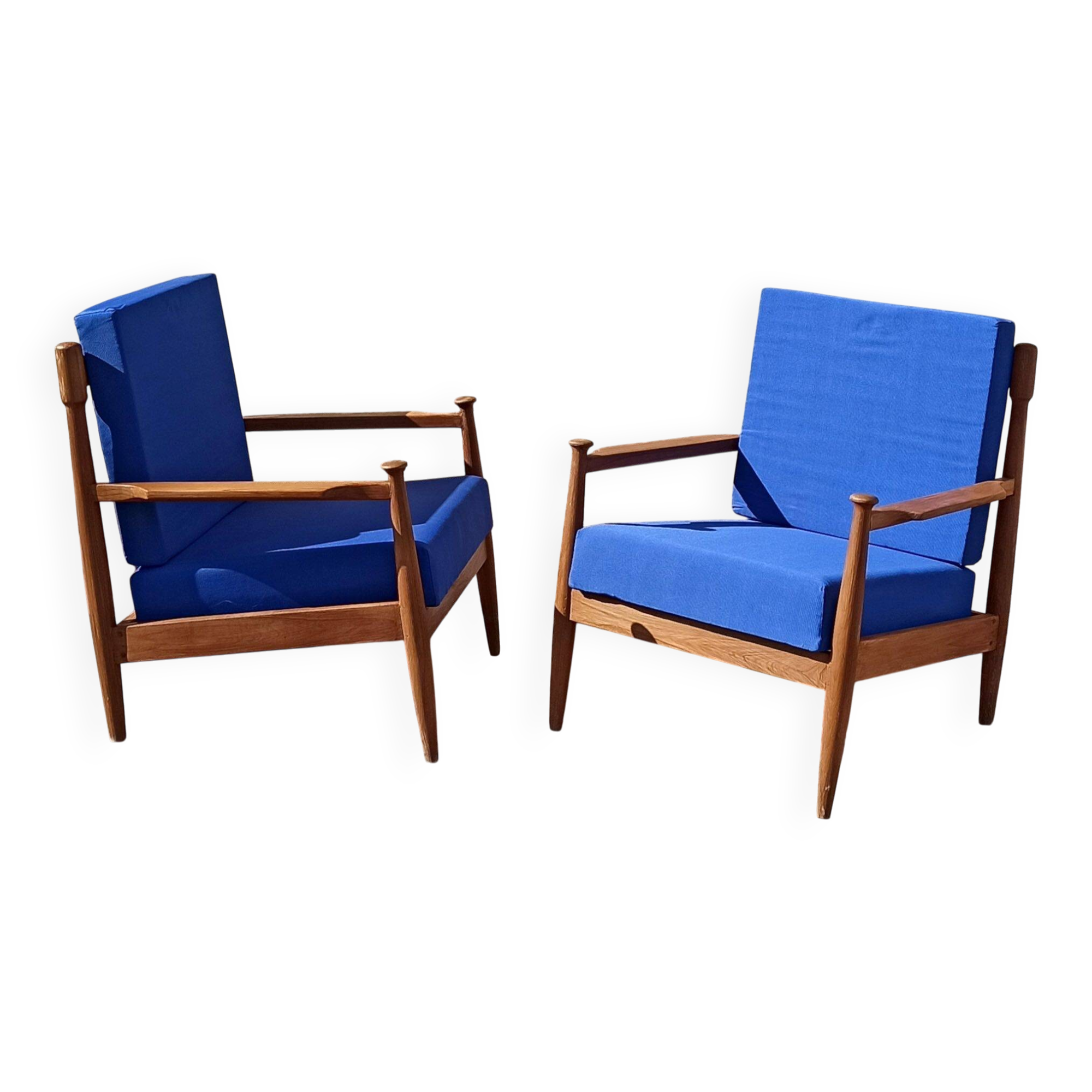 Pair of 1960s Scandinavian armchairs with blue cushions