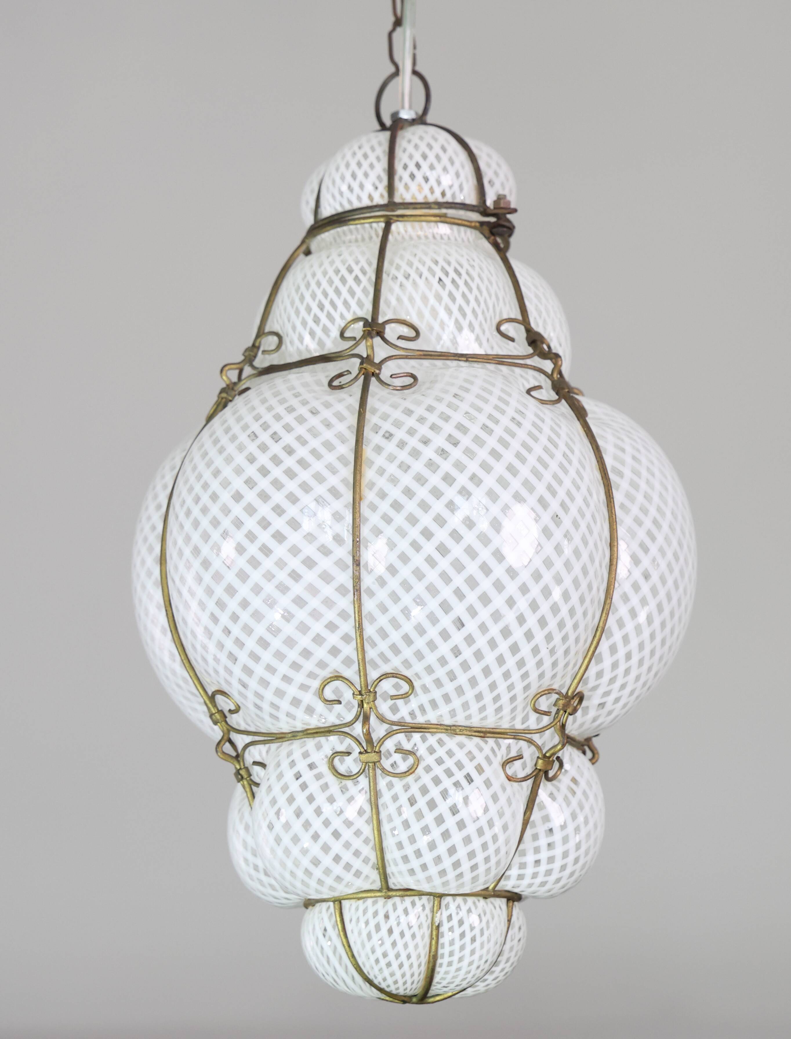 Amazing Large Venetian Lantern in Murano Reticello Glass, 1940s