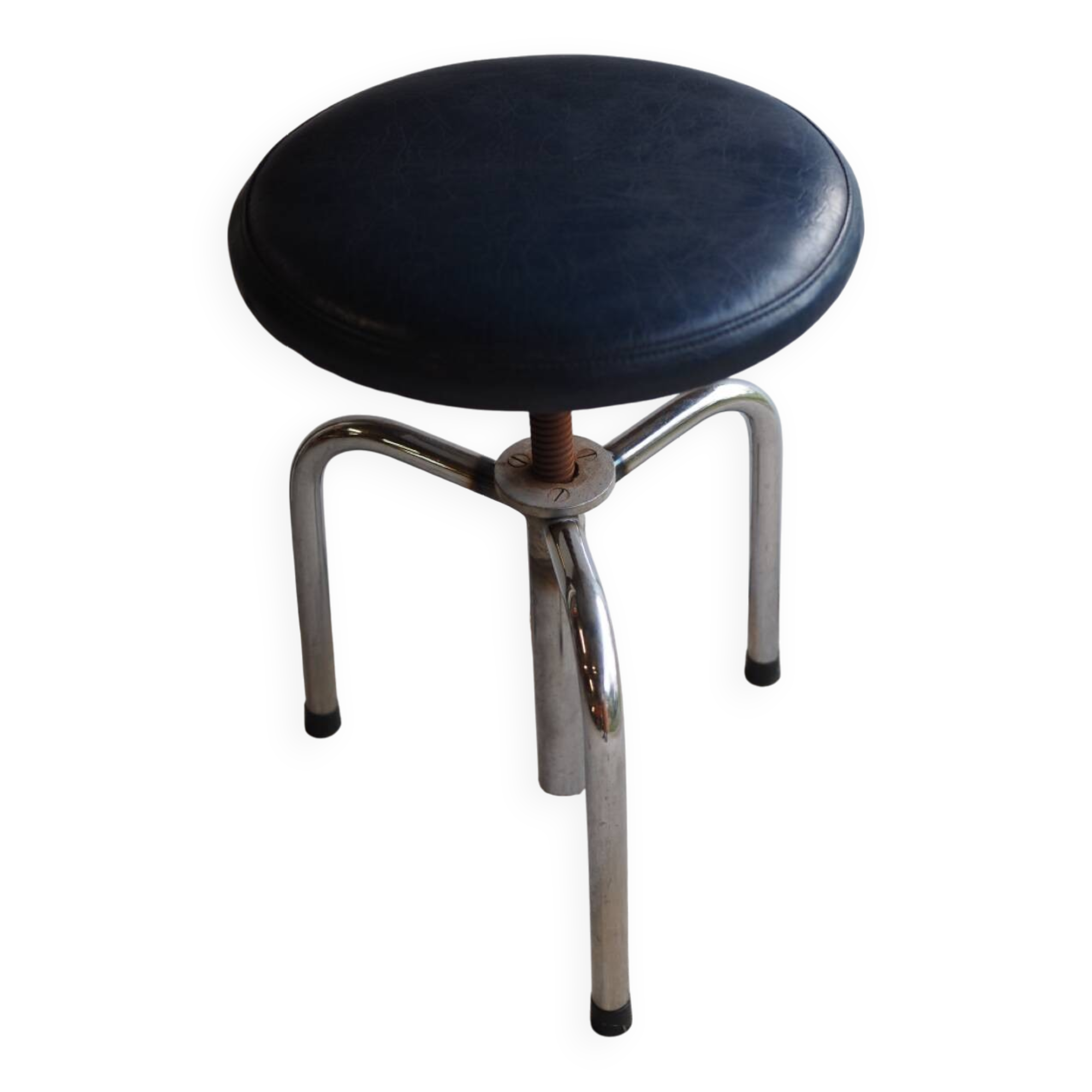 Tripod screw workshop stool in chromed metal and blue skai