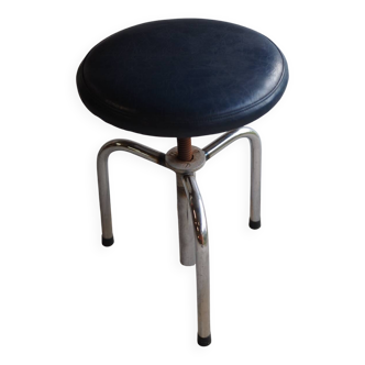 Tripod screw workshop stool in chromed metal and blue skai