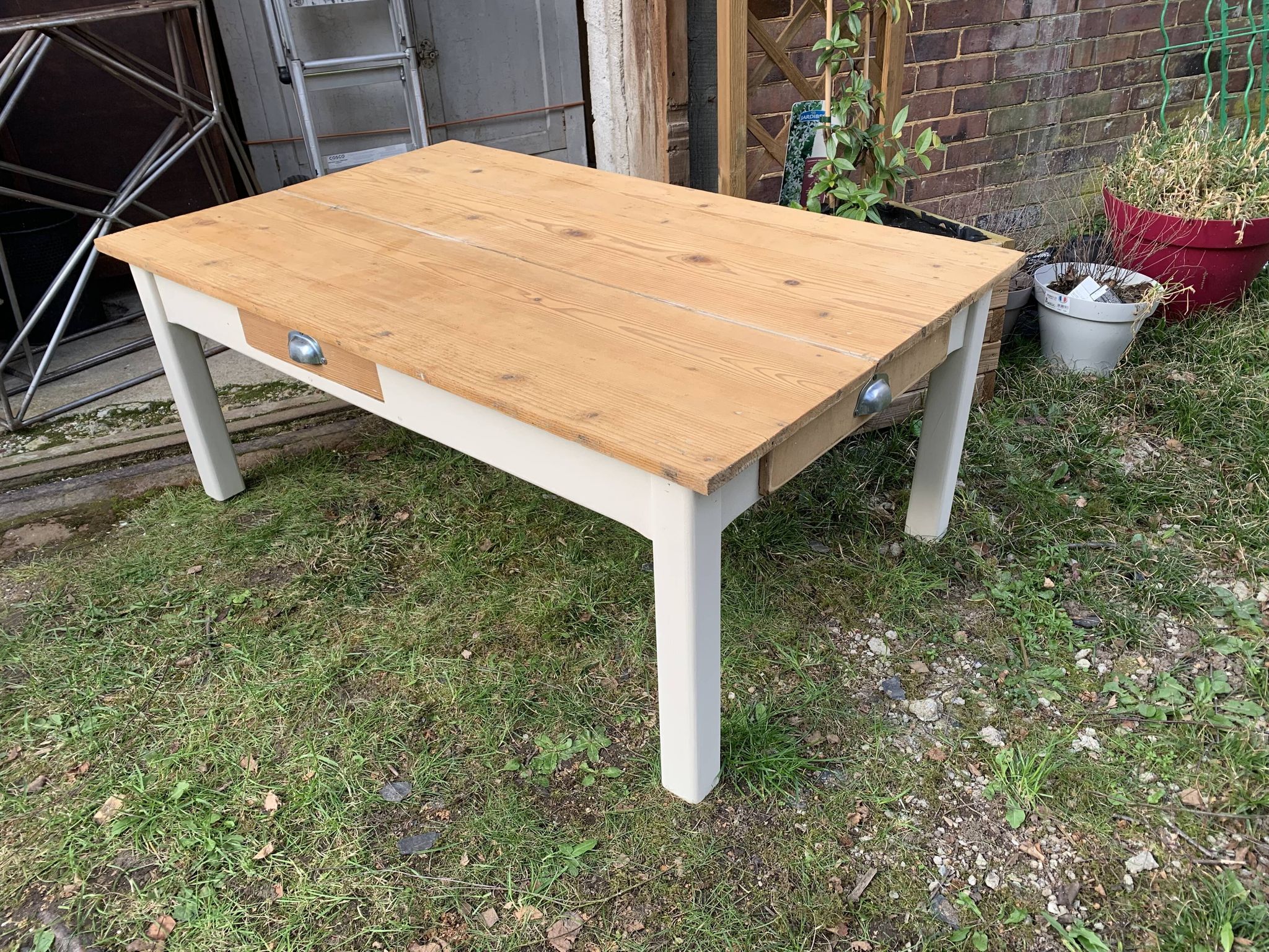 Table basse de ferme campagne bois brut blanc