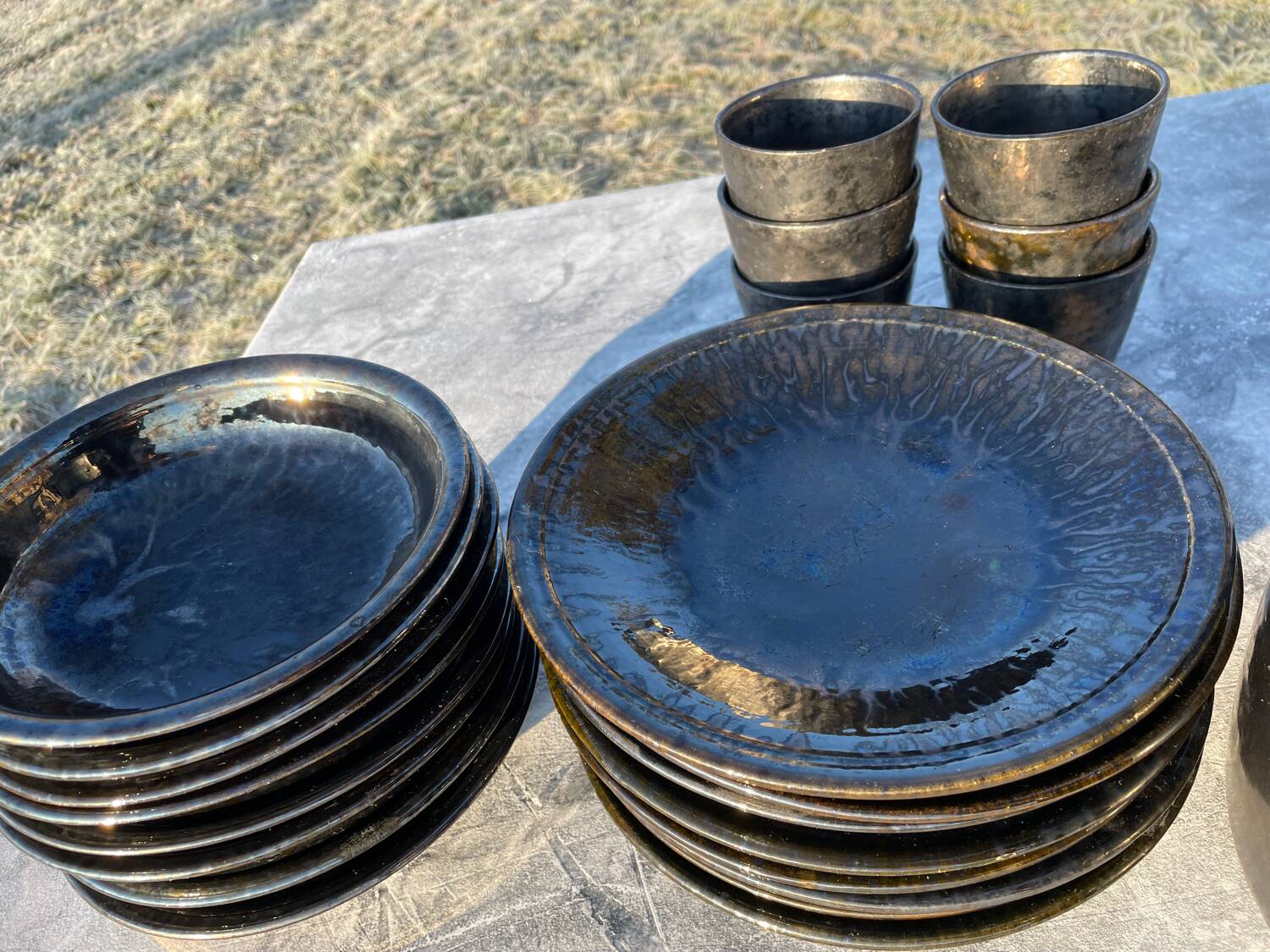 Vallauris service, the pottery of the great oak. Black metal glazed ceramics.