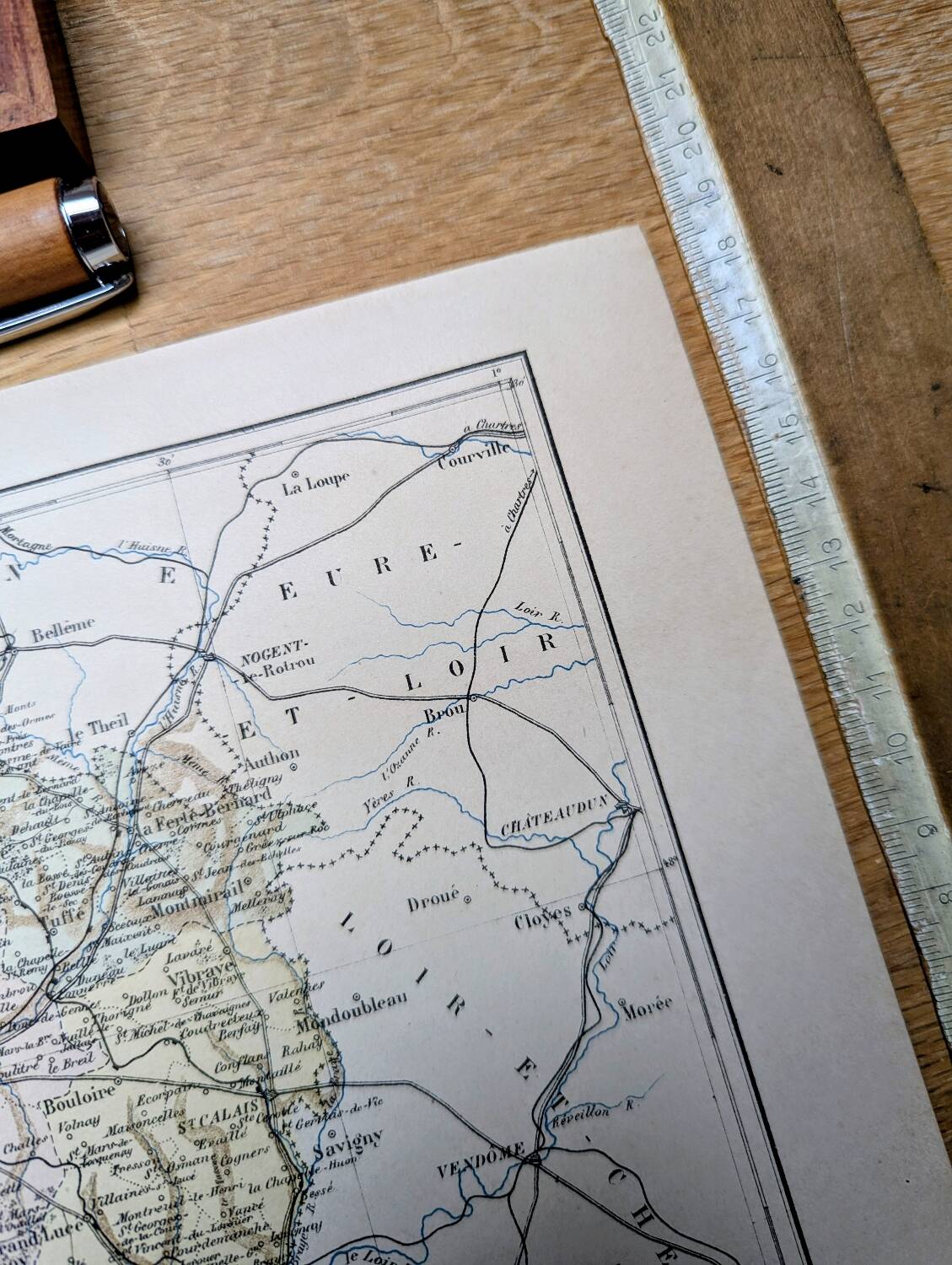Printed in 1889, map of Sarthe. Authentic Vintage