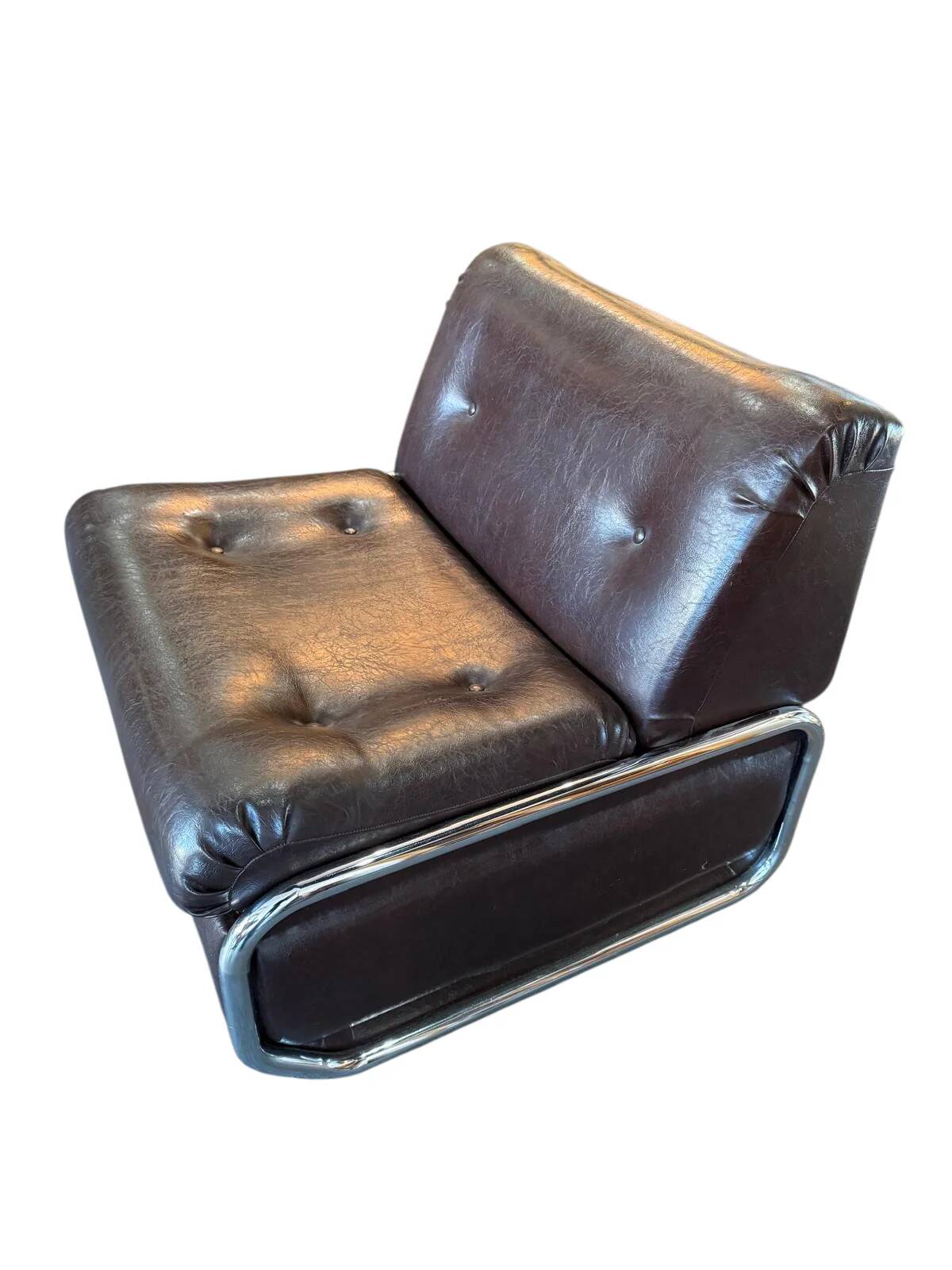 Beka-france convertible armchair in brown leather – chrome structure – 1970s