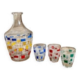 Vintage carafe et ses 3 verres à liqueur style graphique