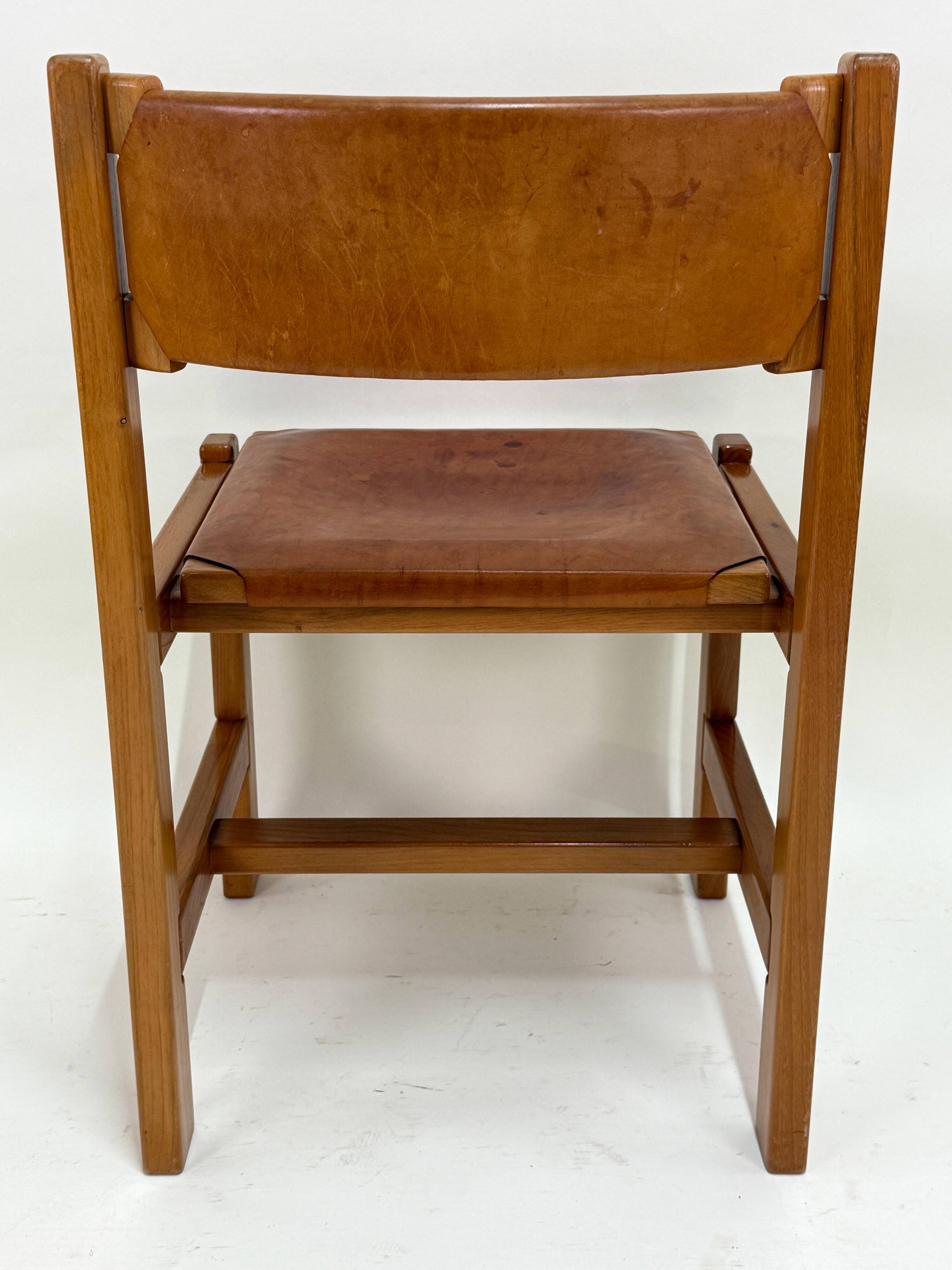 Set of 6 Maison Regain Chairs - Solid Elm and Fawn Leather - Circa 70