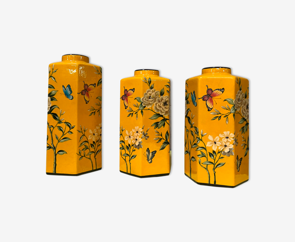 3 vases céramique jaune, orange avec décors