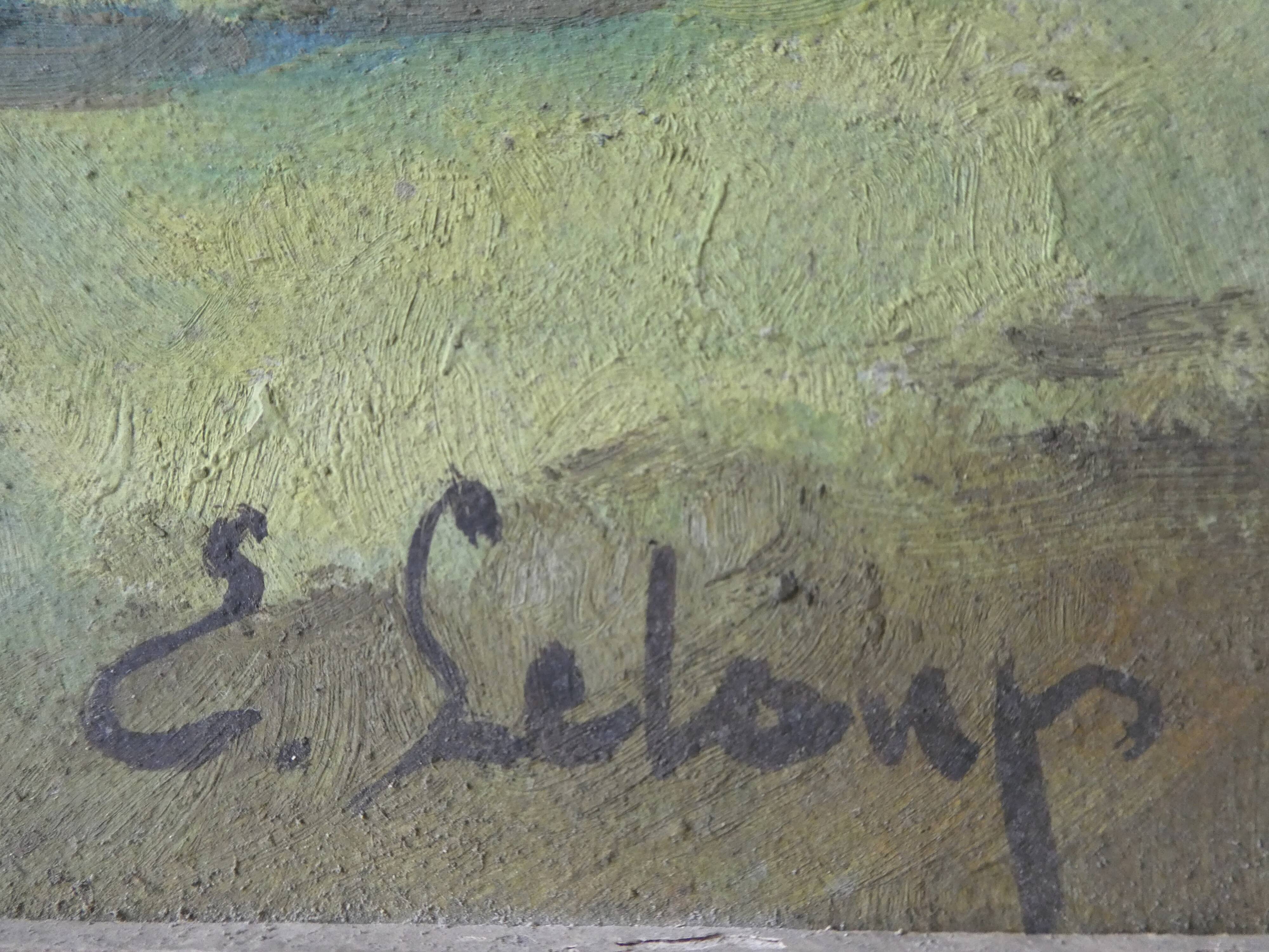 Painting, oil on cardboard, mountain landscape, lake, signed