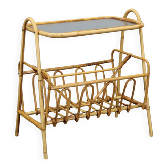1970s Rattan Newspaper and Magazine Stand with Glass Top, Italy