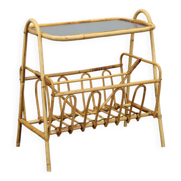 1970s Rattan Newspaper and Magazine Stand with Glass Top, Italy