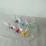 Box 6 liqueur glasses, colored ball base + serving tray, new
