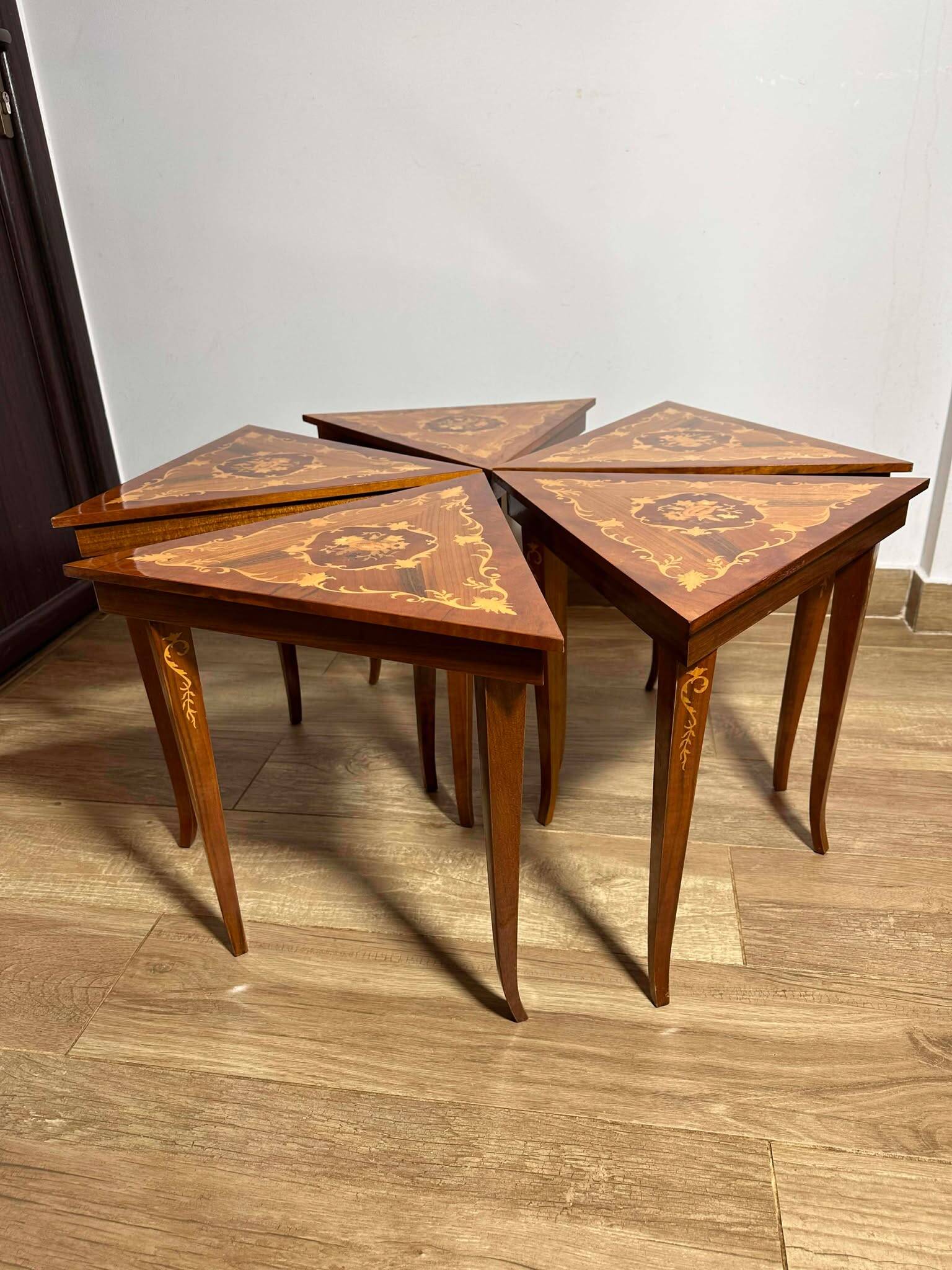 Italian Marquetry Five Piece Triangle Table