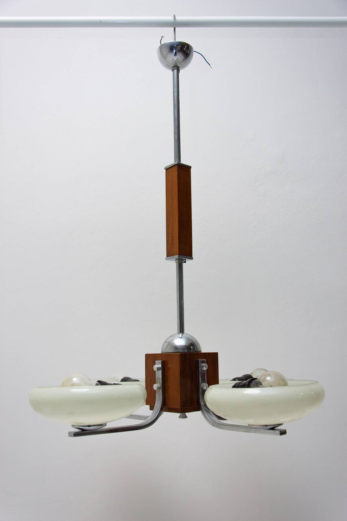 chrome and wood art deco pendant chandelier, circa 1930´s, bohemia