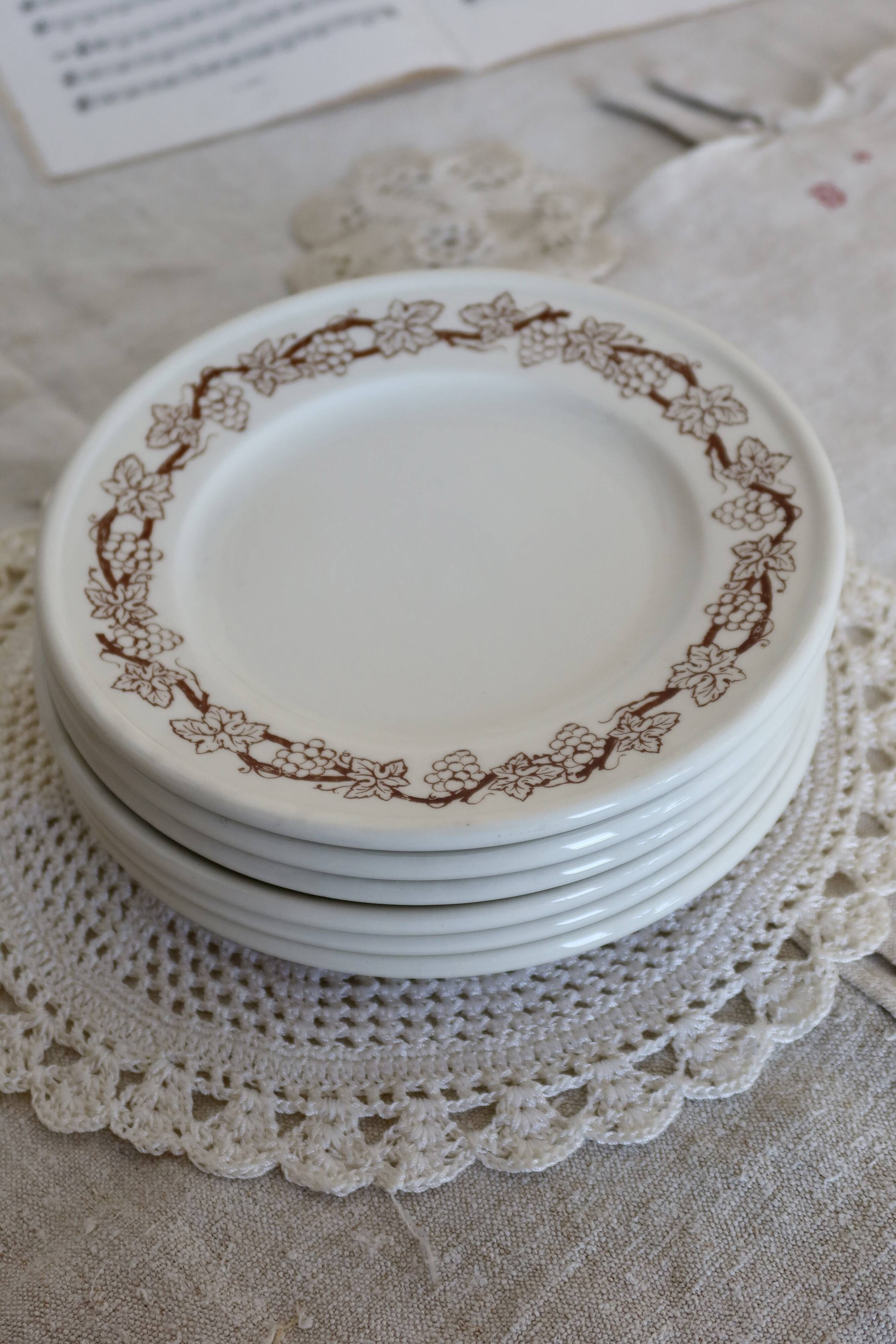 6 vintage porcelain dessert plates with brown ivy border