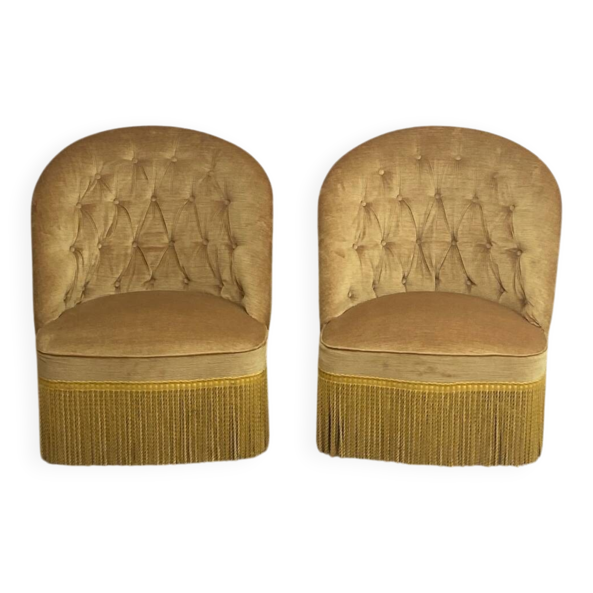 Pair of vintage toad armchairs in golden yellow velvet