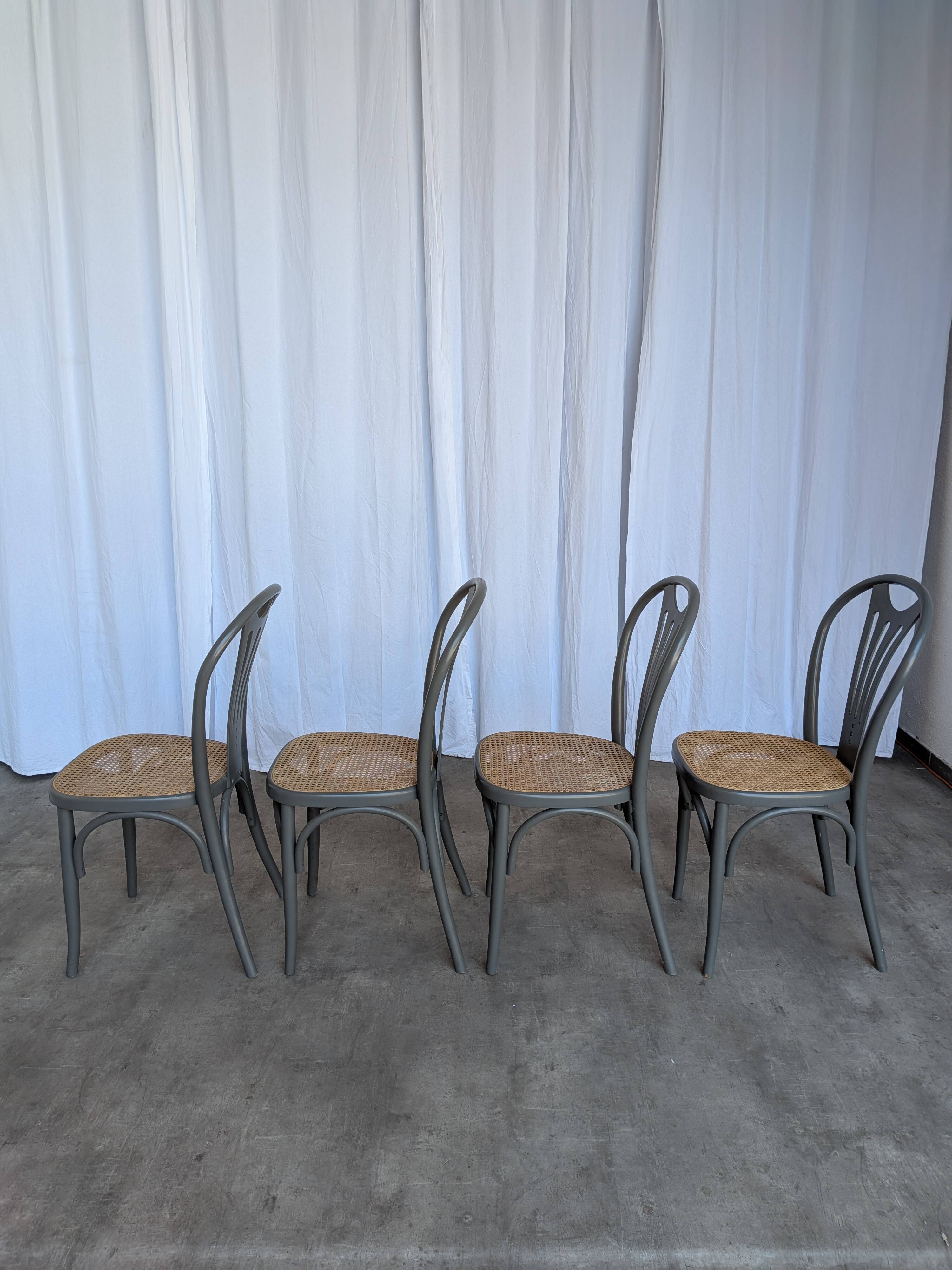 Set of 4 Vintage Gray Thonet Style Dining Chairs with Cane Seat