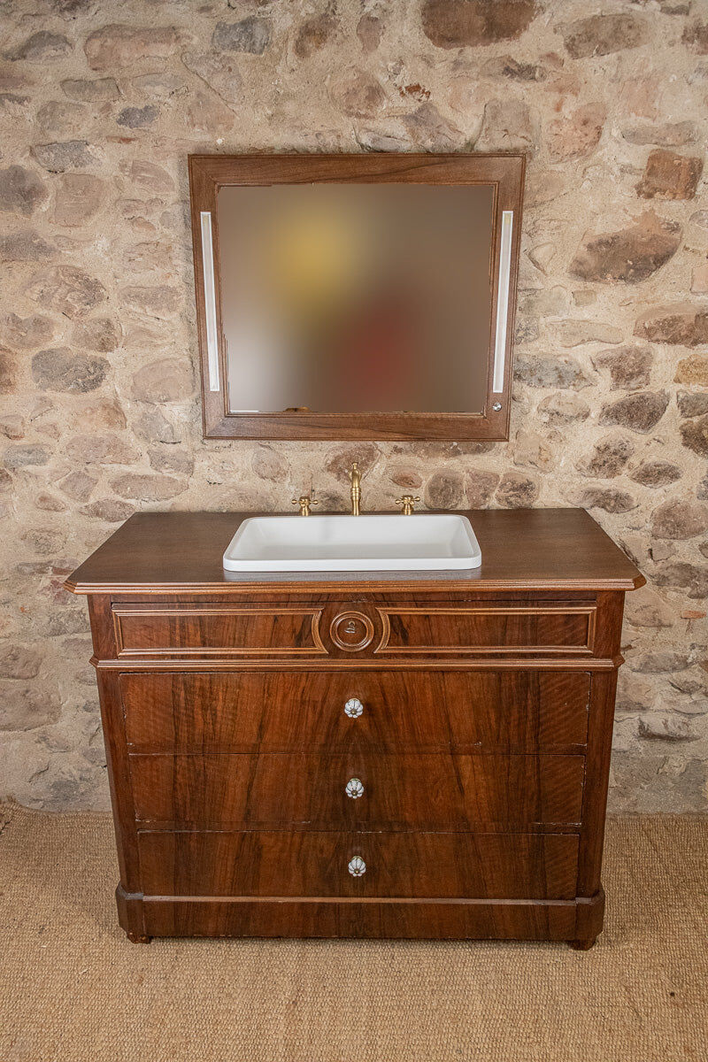 Meuble vasque Louis-Philippe en noyer & miroir LED assorti