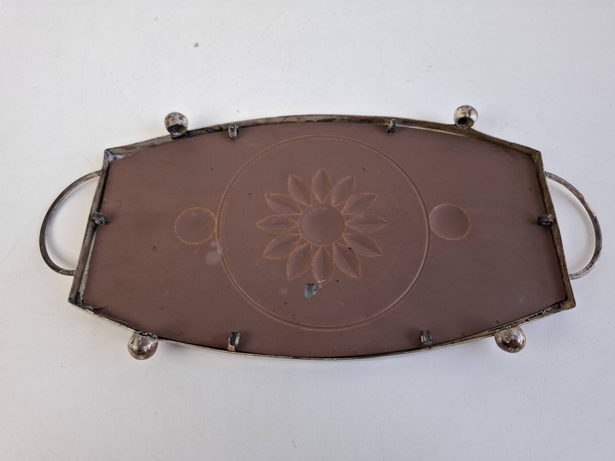 Vintage Art Deco Mirrored Glass Serving Tray with Floral Motif