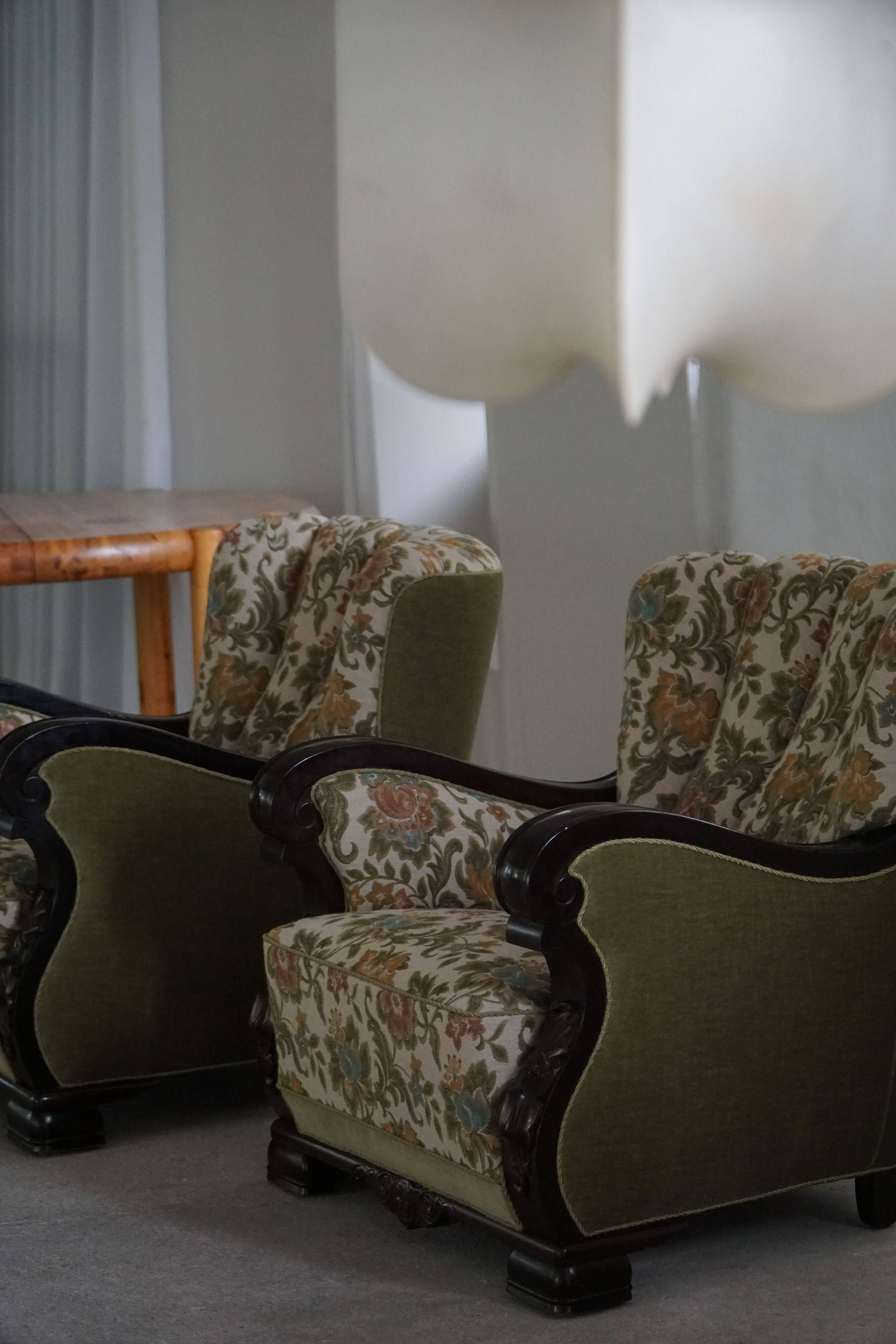 Pair of Danish Art Nouveau armchairs in embroidered floral velvet, 1920s.