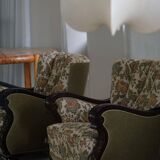 Pair of Danish Art Nouveau armchairs in embroidered floral velvet, 1920s.