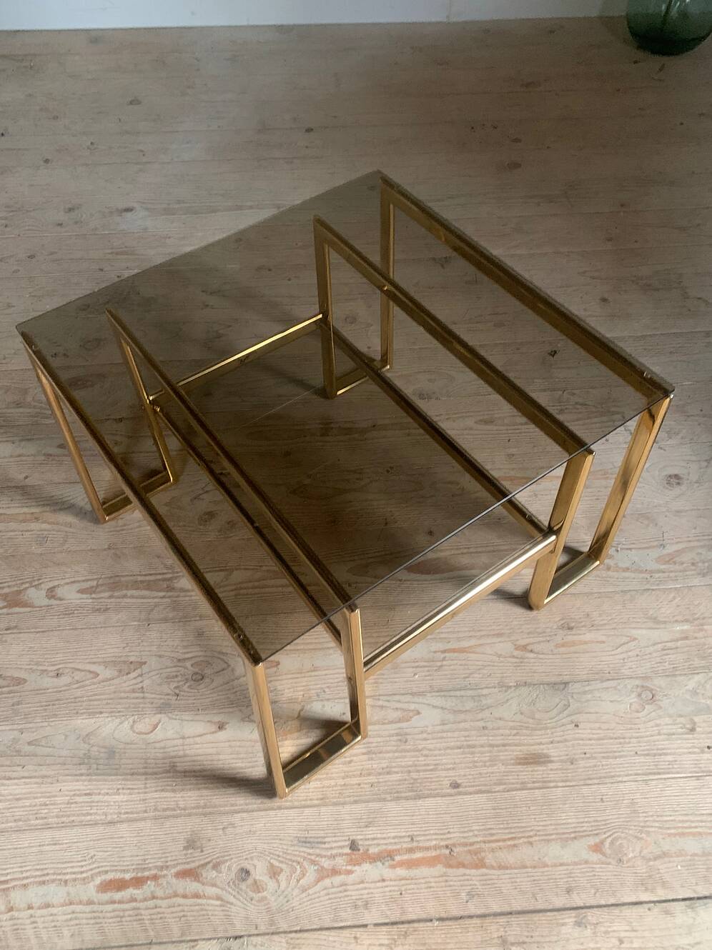 Vintage gold metal and smoked glass coffee table
