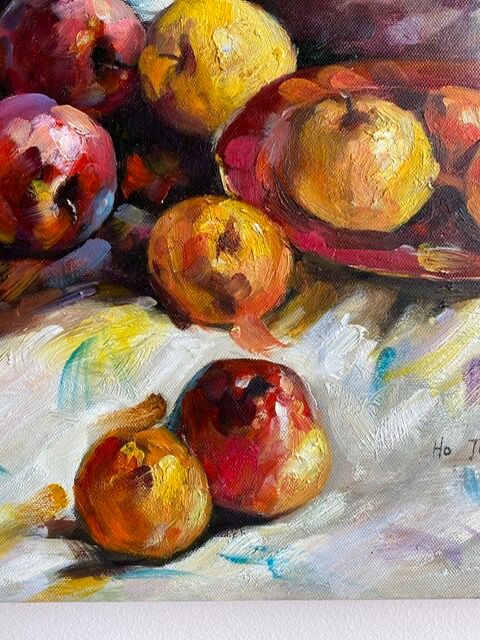 Ancient painting, still life with fruit, vase and teapot, signed, 20th century