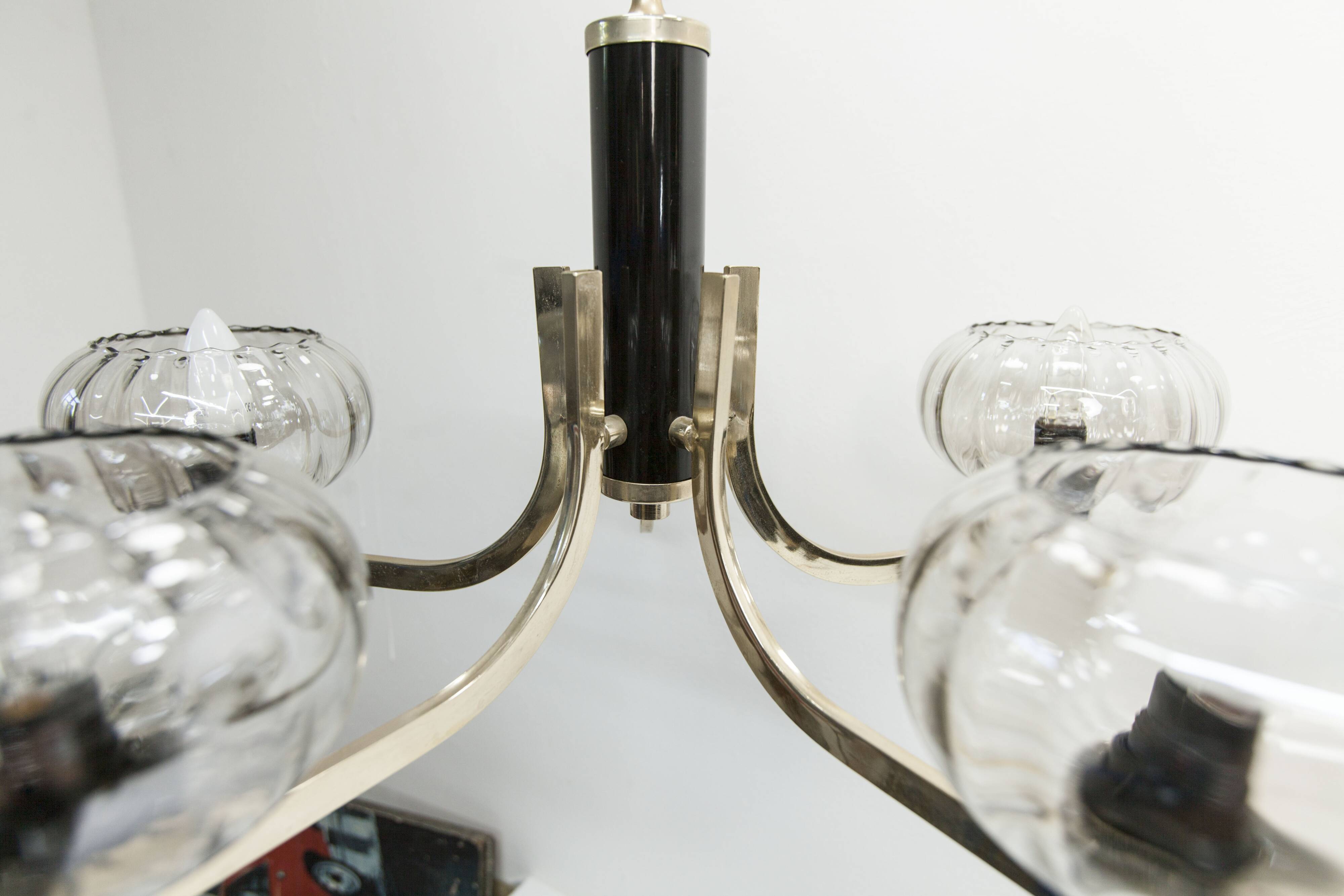 See Delmas chandelier, 5 branches, black and gold, transparent glass, 1960