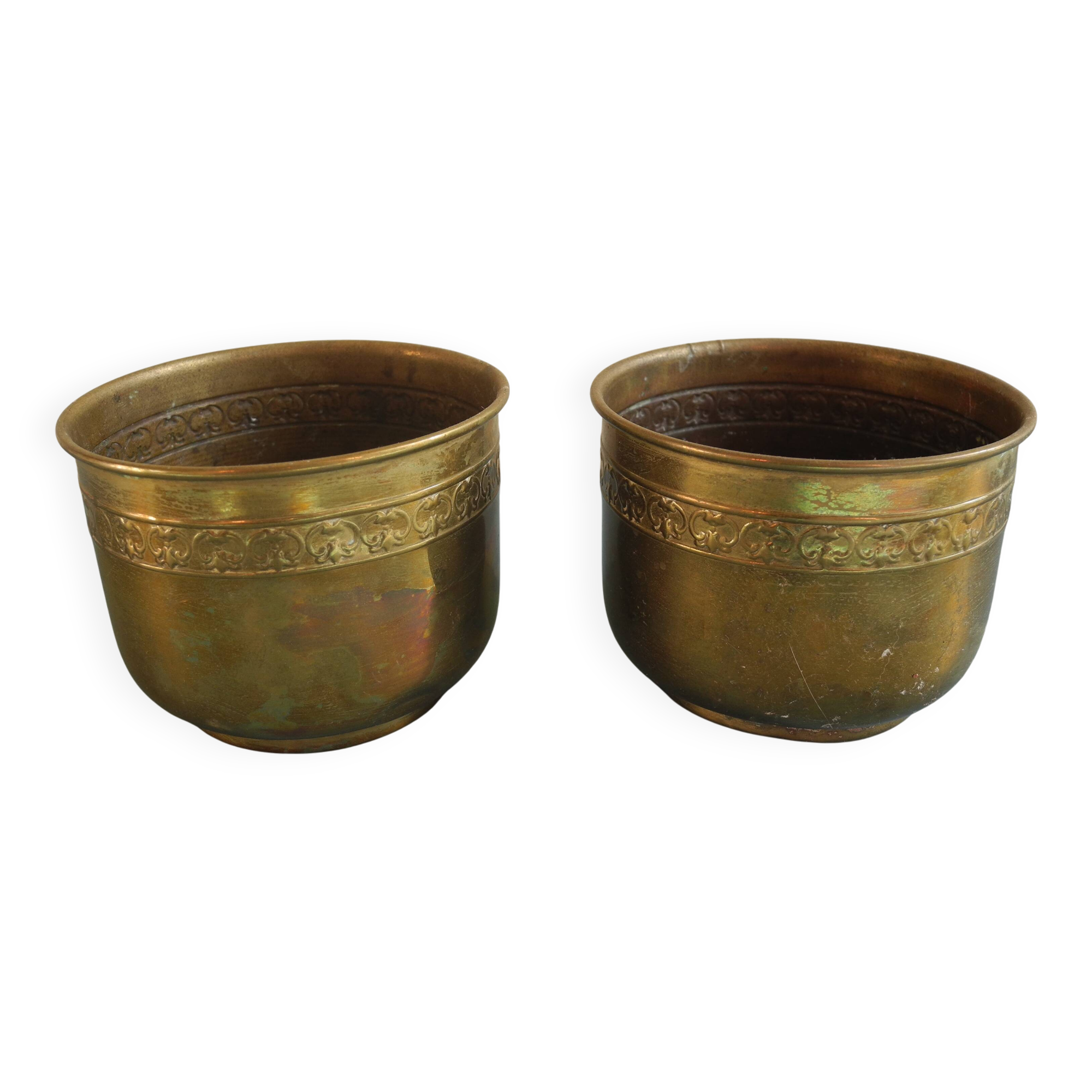 Duo of miniature brass flower pots, Unis France vintage brass flower pots
