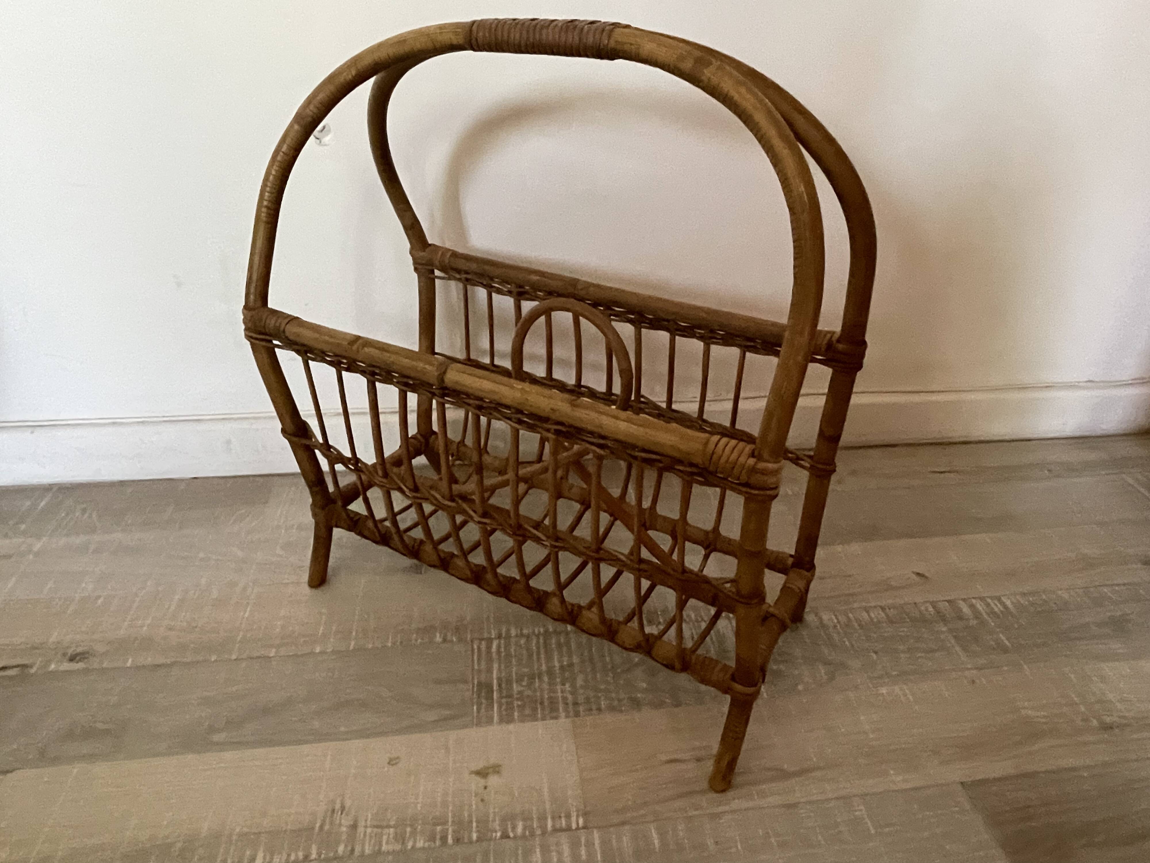 60s rattan magazine rack