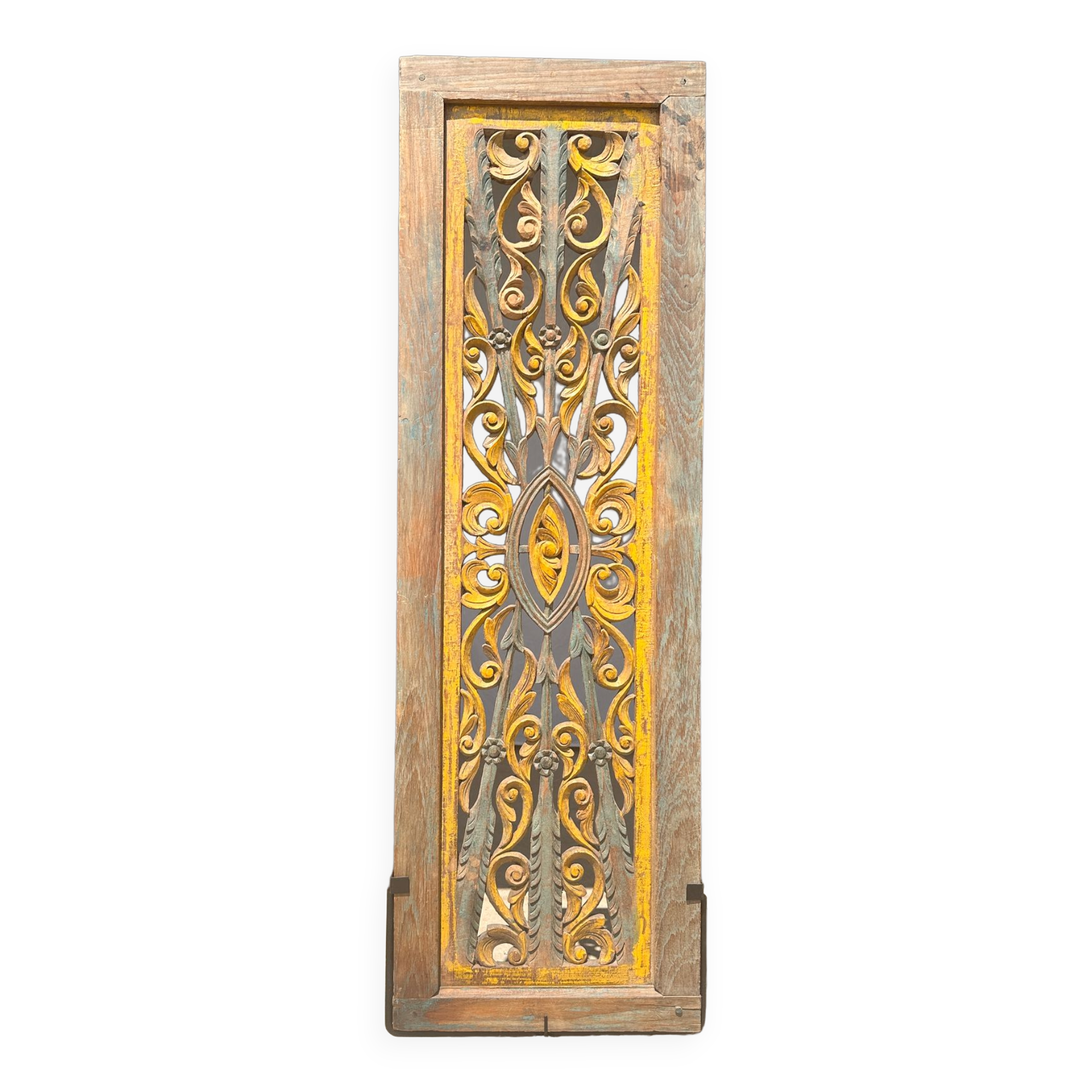 Rectangular Indonesian construction element with blue and yellow plant in carved wood
