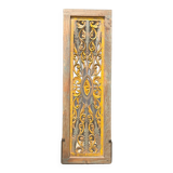 Rectangular Indonesian construction element with blue and yellow plant in carved wood