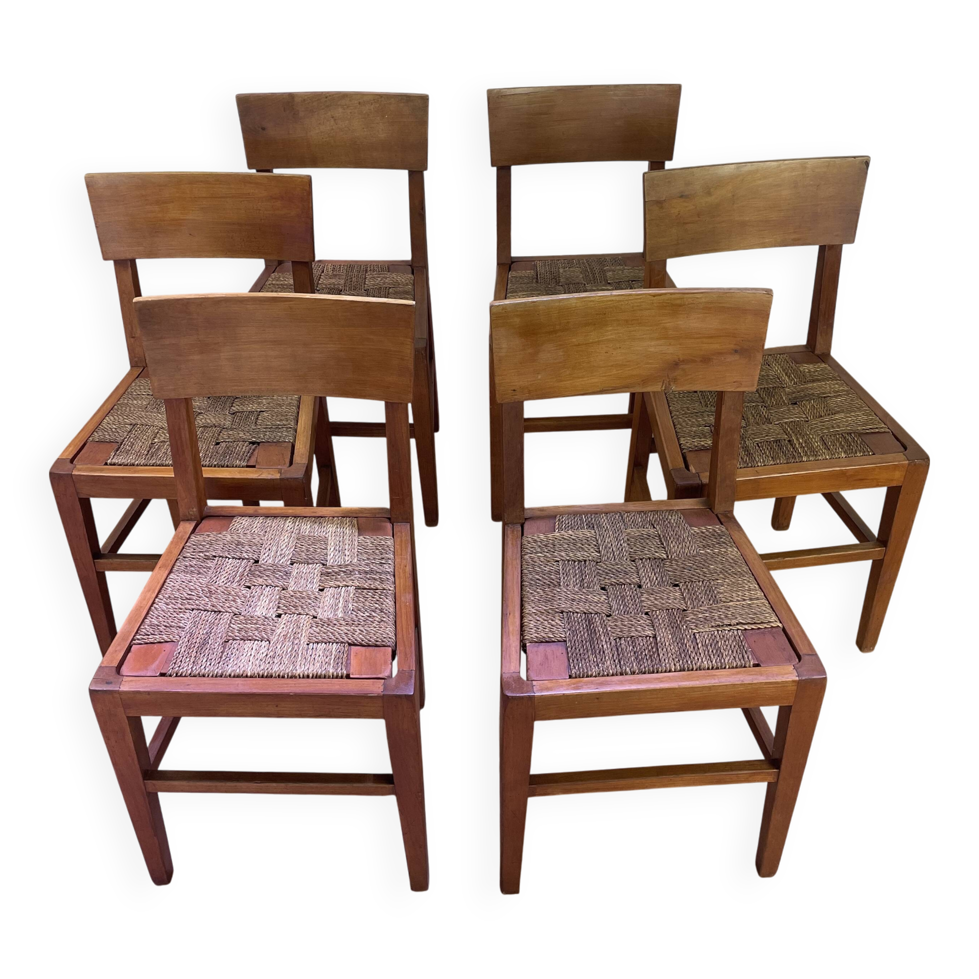 Set of 6 wooden and braided rope chairs