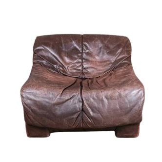 Fauteuil en cuir brun style De Sede, années 80